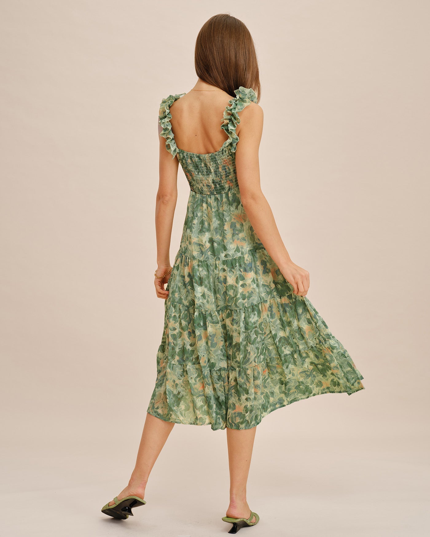 Vestido Midi Sin Mangas Arrugado Verde
