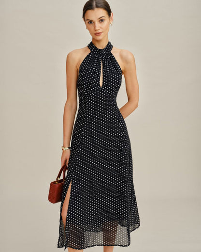 Vestido Midi Halter de Lunares Negros