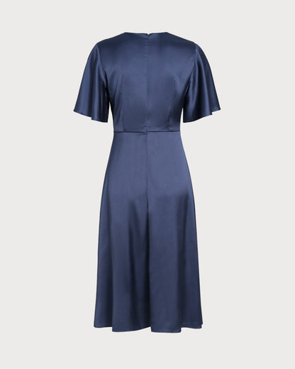 Vestido Midi de Satén con Escote en V Marino