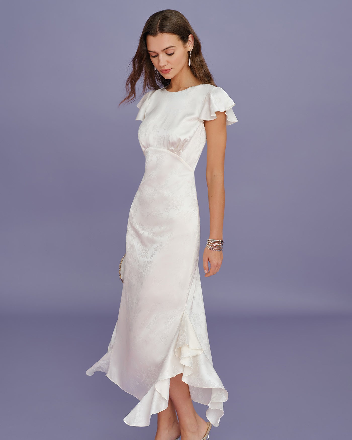 Vestido Midi de Jacquard con Volantes y Cuello Barco Beige
