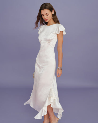 Vestido Midi de Jacquard con Volantes y Cuello Barco Beige
