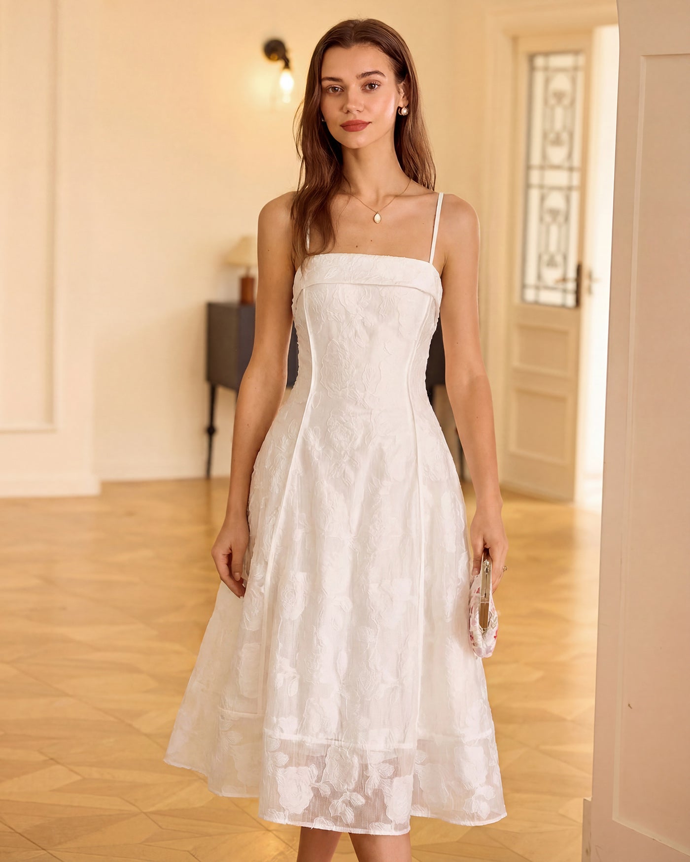 Vestido Midi Slip Jacquard de Cuello Cuadrado Blanco