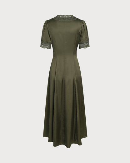 Vestido Midi de Satén con Encaje Verde