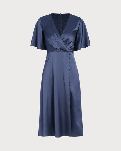 Vestido Midi de Satén con Escote en V Marino