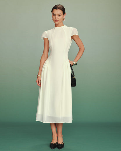 Vestido Midi A-Line de Cuello Alto de Albaricoque