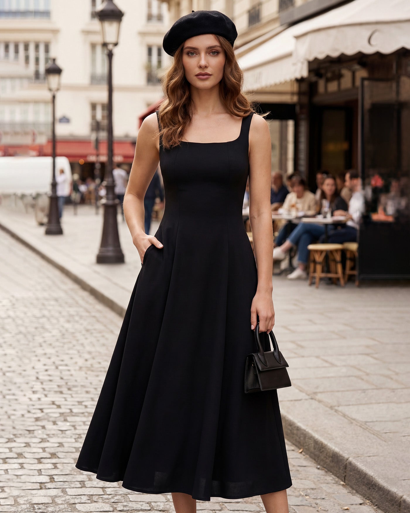 Vestido Midi Deslizante Negro Sólido con Cremallera