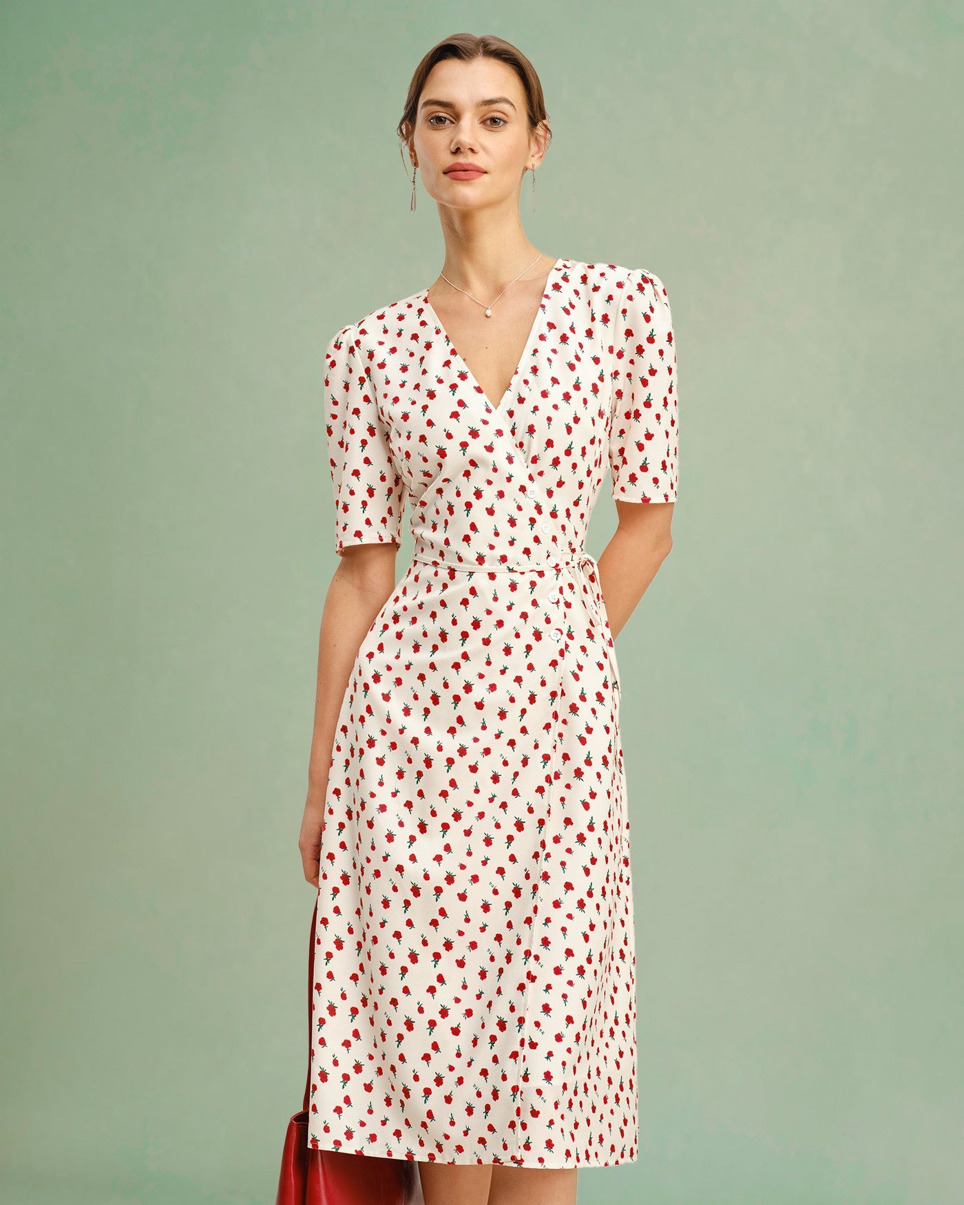 Vestido Midi Floral de Melocotón con Escote en V