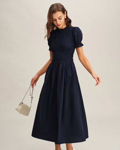 Vestido Midi A-Line Fruncido Azul