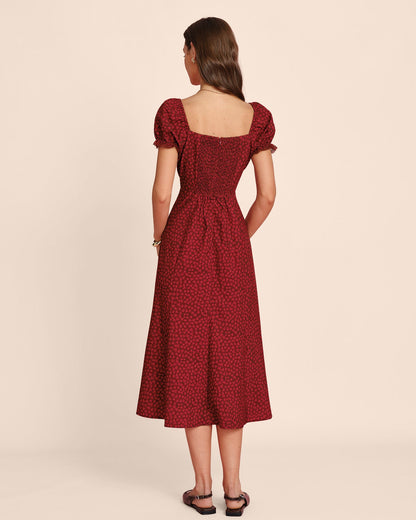 Vestido Midi Floral de Encaje con Cuello en V Rojo