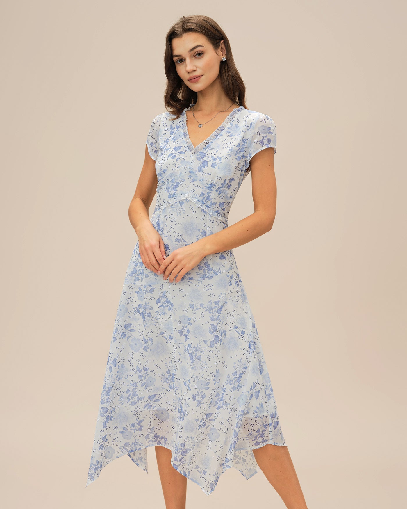Vestido Midi Floral con Escote en V Azul