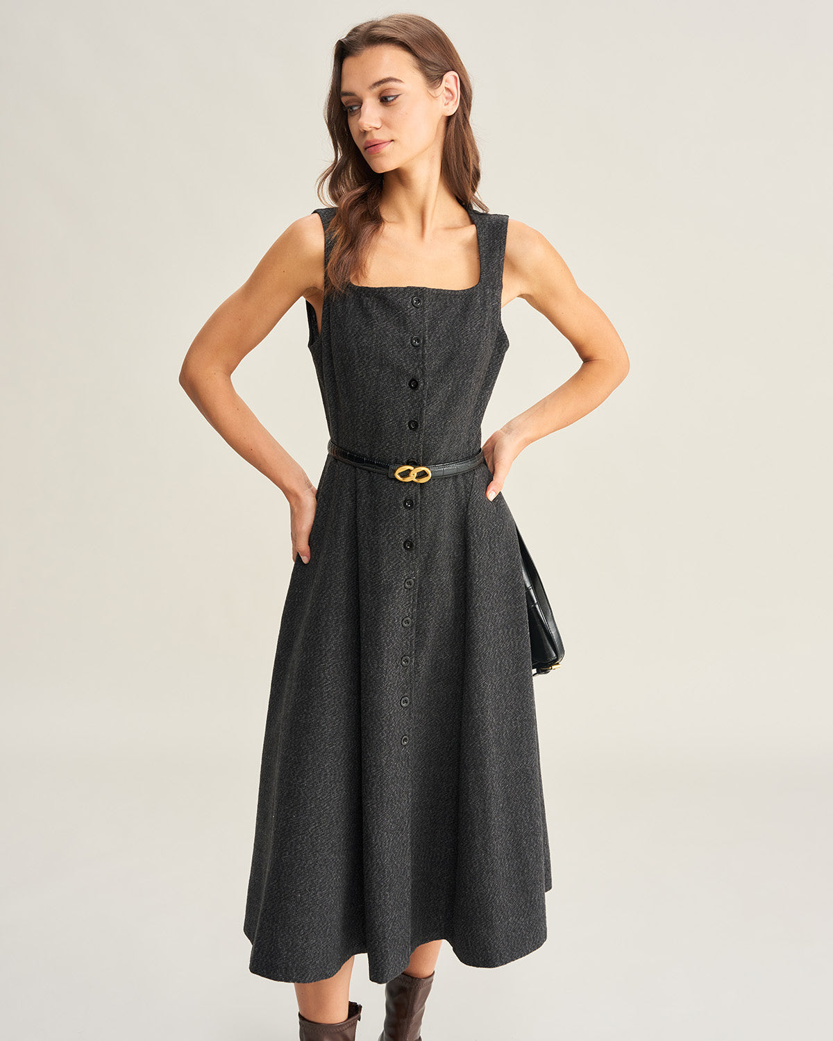 Vestido Midi Sin Mangas de Tweed Gris