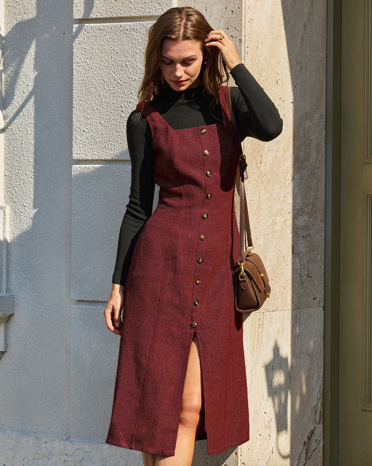 Vestido Midi Rojo Sin Mangas con Abertura y Botones