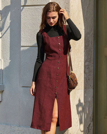 Vestido Midi Rojo Sin Mangas con Abertura y Botones