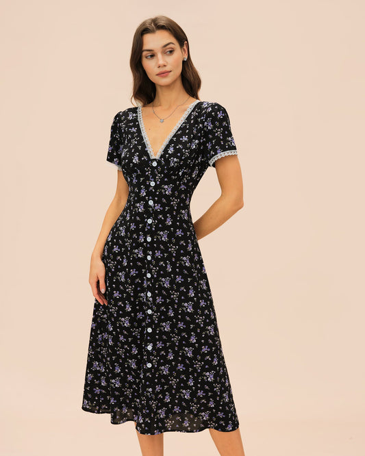 Vestido Midi Floral de Encaje Negro con Escote en V