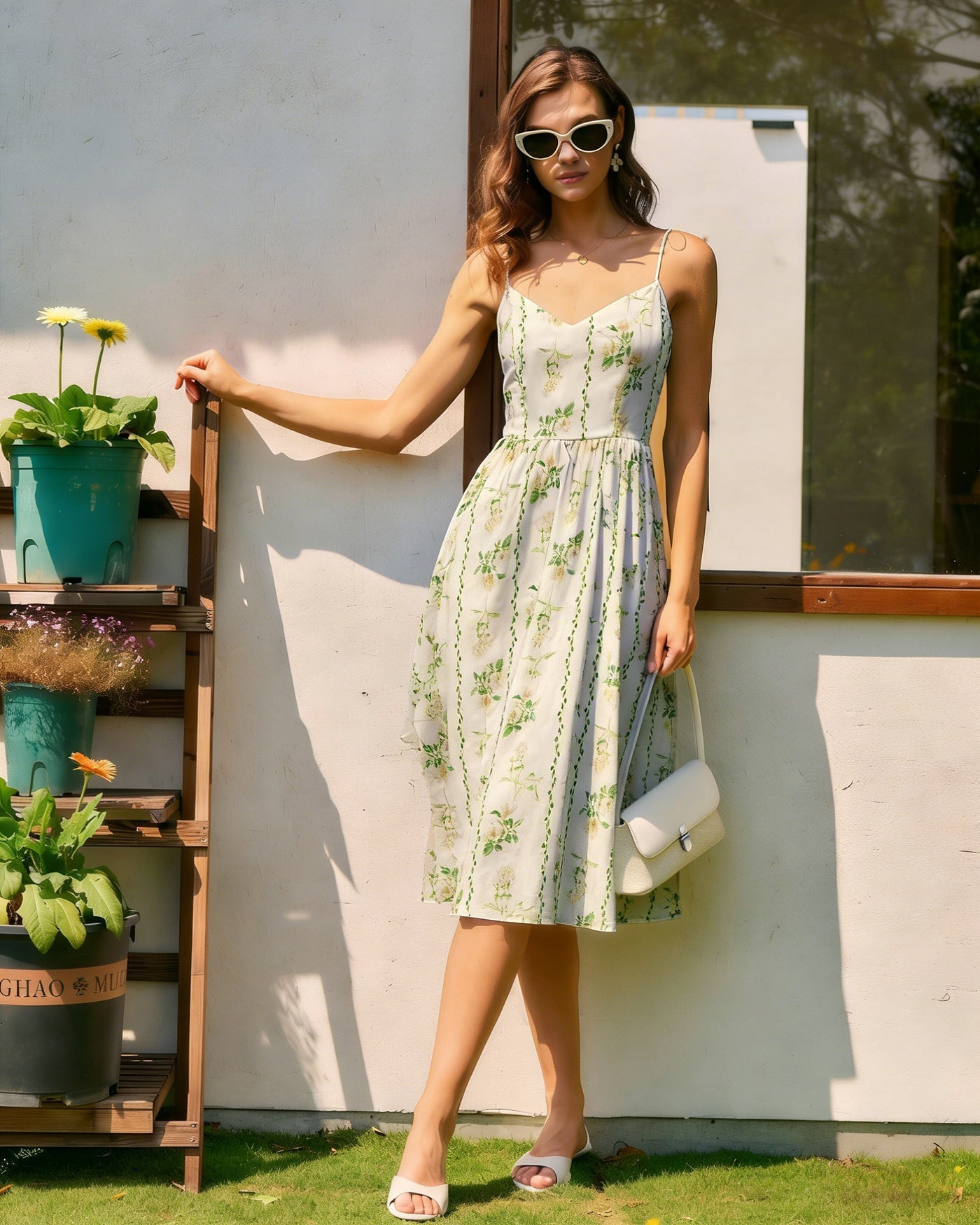 Vestido Midi con Tirantes de Flores de Albaricoque