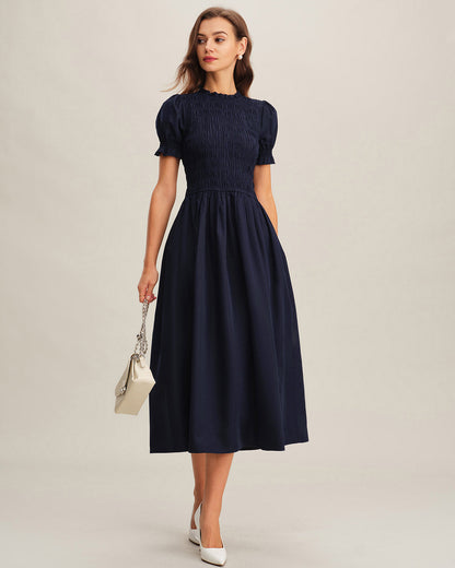 Vestido Midi A-Line Fruncido Azul