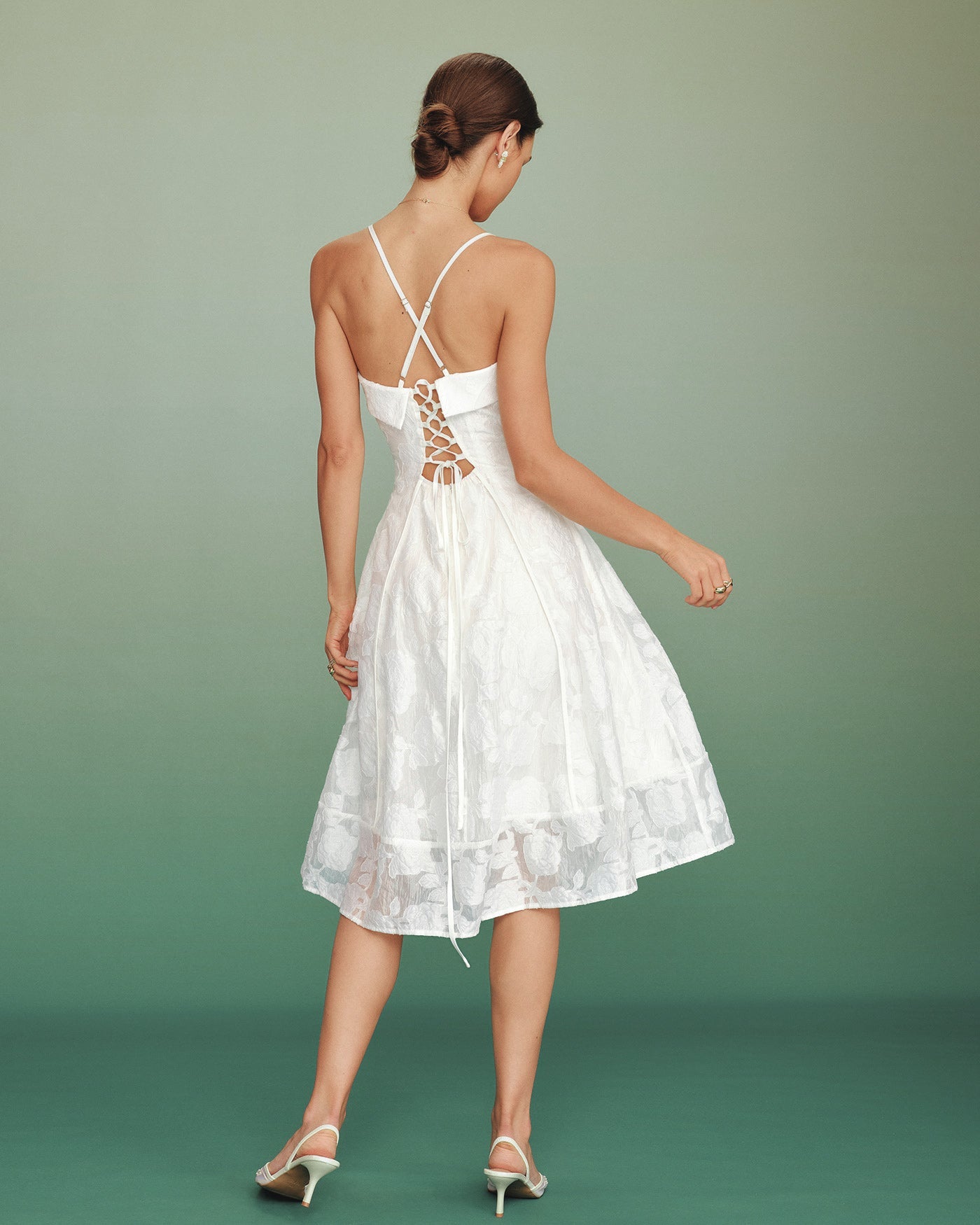Vestido Midi Slip Jacquard de Cuello Cuadrado Blanco