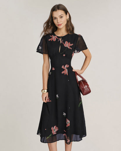 Vestido Midi Floral con Corte en Negro