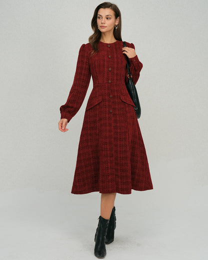 Vestido Midi A-Line con Mangas de Farol Rojo