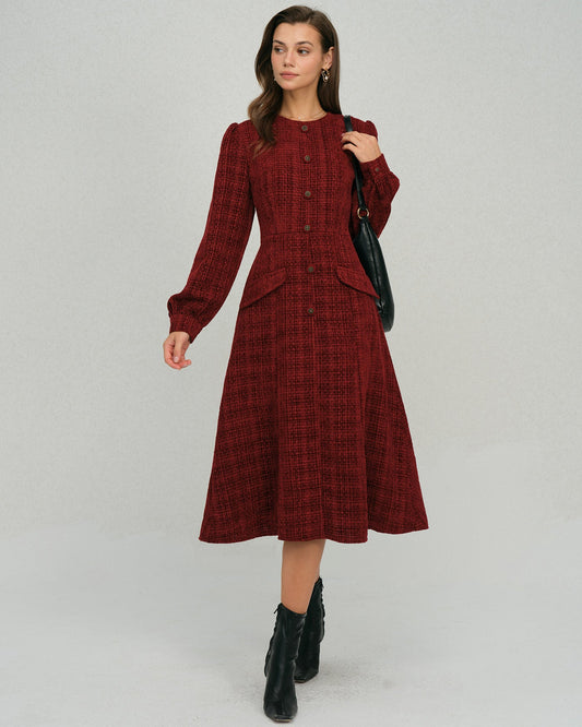 Vestido Midi A-Line con Mangas de Farol Rojo