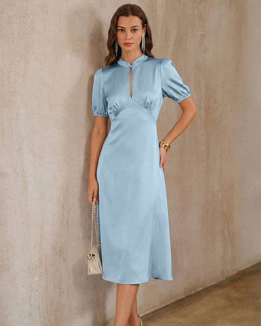 Vestido Midi de Satén sin Espalda con Mangas Abullonadas Azules