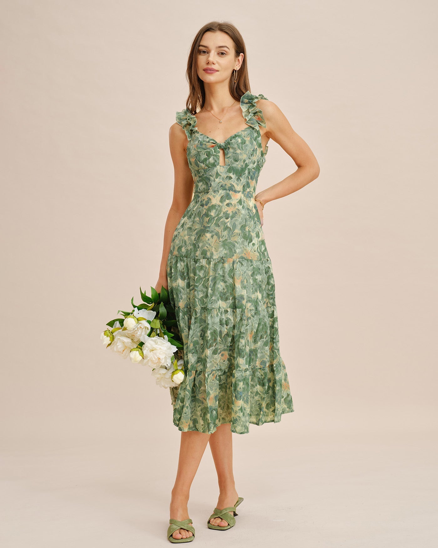 Vestido Midi Sin Mangas Arrugado Verde