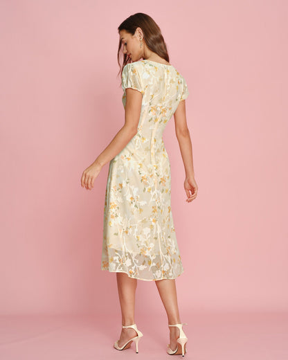 Vestido Midi Jacquard con Mangas Abullonadas Amarillo