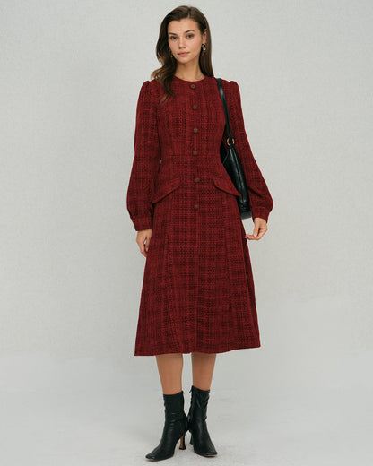Vestido Midi A-Line con Mangas de Farol Rojo