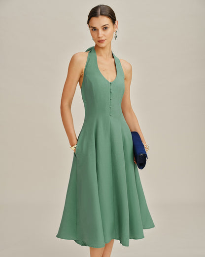 Vestido Midi Verde con Botones y Bolsillos