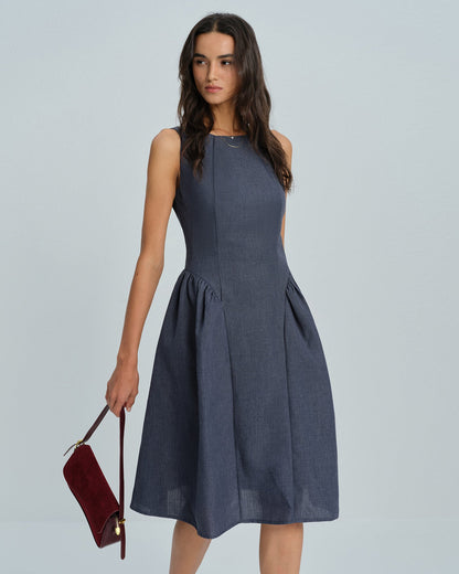 Vestido Midi Sin Mangas de Cuello Barco Gris