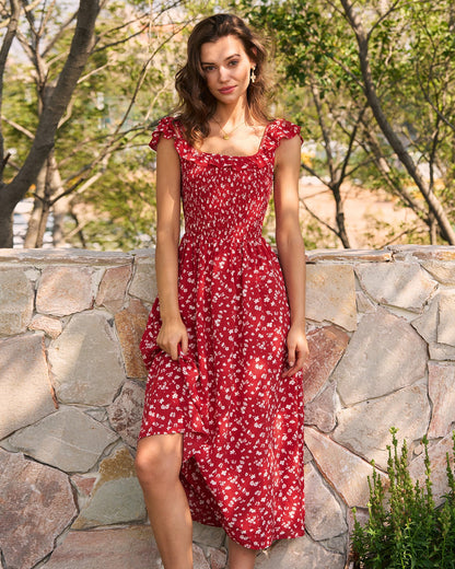 Vestido Midi Floral de Cuello Cuadrado Rojo
