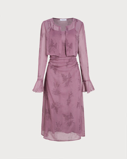 Vestido Midi Deslizante Con Ruches de Flores Moradas