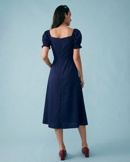 Vestido Midi de Manga Abullonada en Color Marino