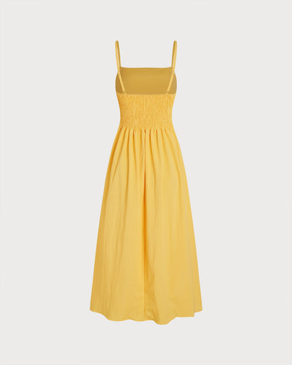 Vestido Midi A-Line Amarillo con Pliegues
