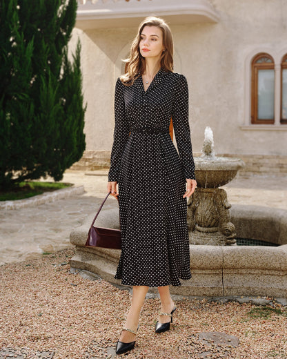 Vestido Midi con Cuello de Lunares Negros
