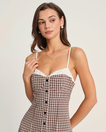 Vestido Midi Deslizante de Cuadros Café
