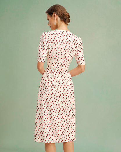 Vestido Midi Floral de Melocotón con Escote en V