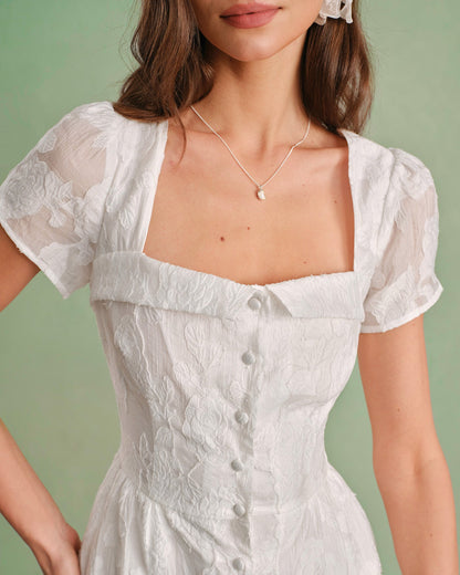 Vestido Midi Blanco con Escote Cuadrado y Cruce