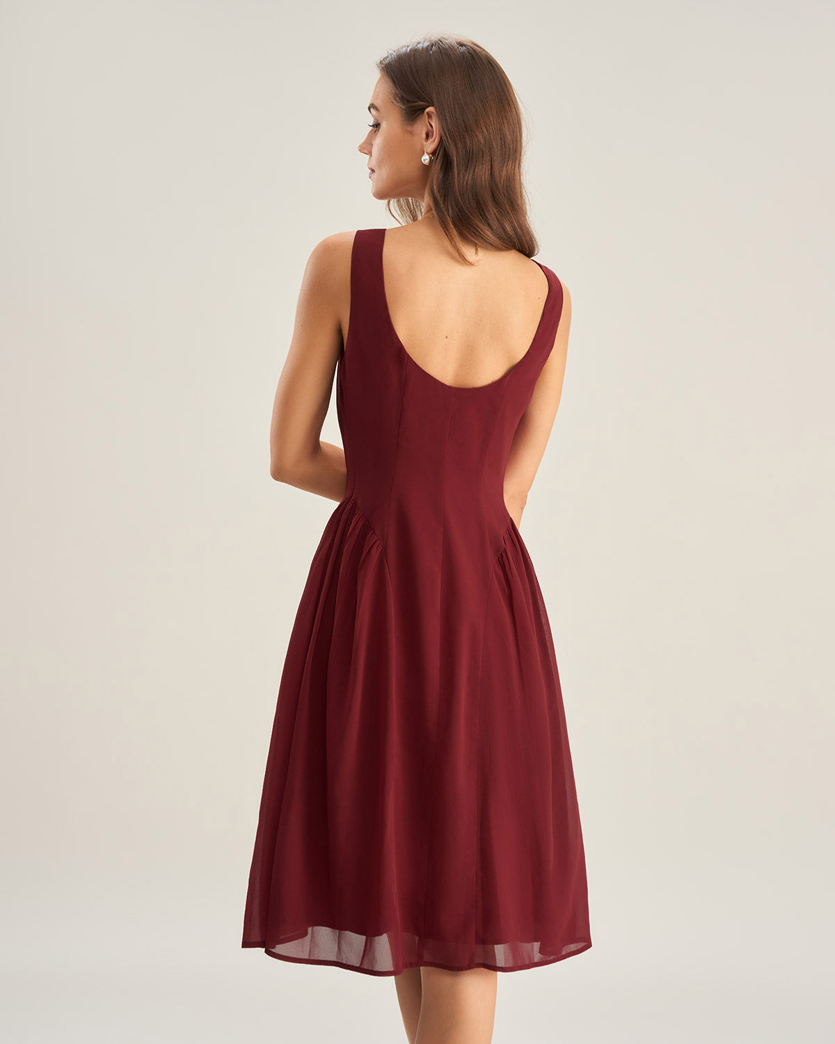 Vestido Midi Sin Mangas de Chifón Color Rojo Vino