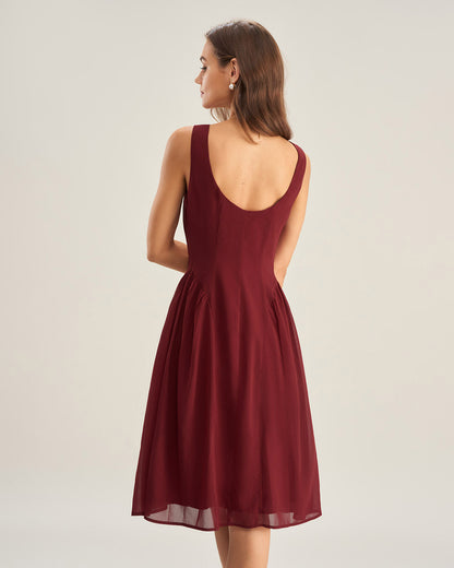 Vestido Midi Sin Mangas de Chifón Color Rojo Vino