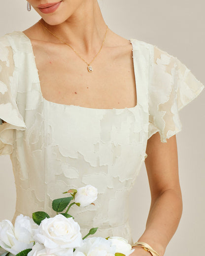 Vestido Midi Jacquard de Cuello Cuadrado Beige
