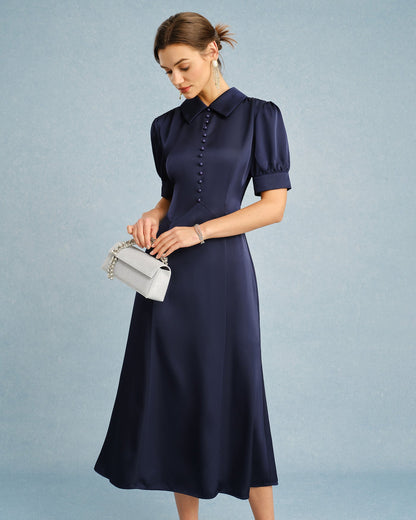 Vestido Midi de Satén con Cuello de Marinerito y Mangas Abullonadas