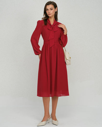 Vestido Midi de Chifón con Manga de Farol Color Rojo Vino