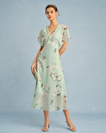 Vestido Midi de Chifón Floral Verde con Escote en V