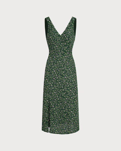Vestido Midi Floral Verde con Escote en V