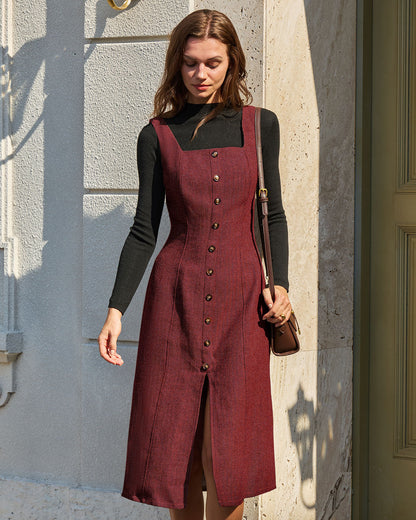 Vestido Midi Rojo Sin Mangas con Abertura y Botones