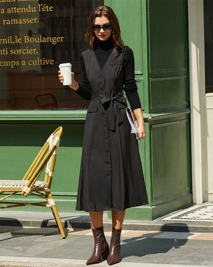 Vestido Midi Sin Mangas con Cinturón y Escote en V Negro