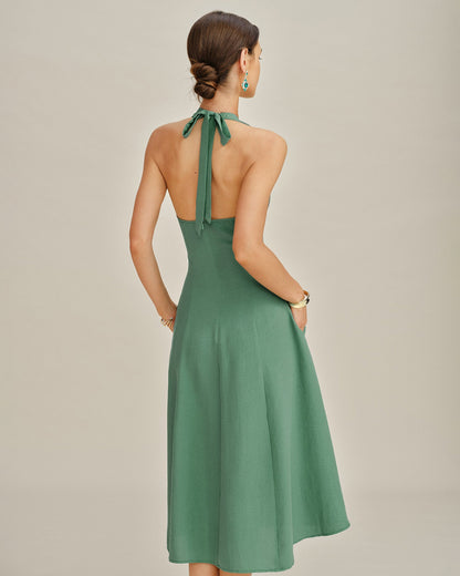 Vestido Midi Verde con Botones y Bolsillos