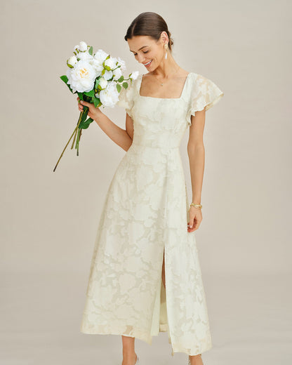 Vestido Midi Jacquard de Cuello Cuadrado Beige