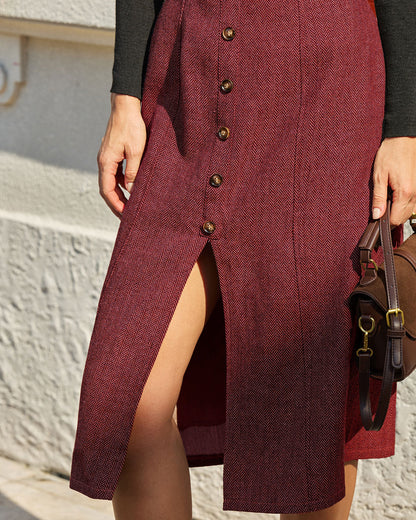 Vestido Midi Rojo Sin Mangas con Abertura y Botones